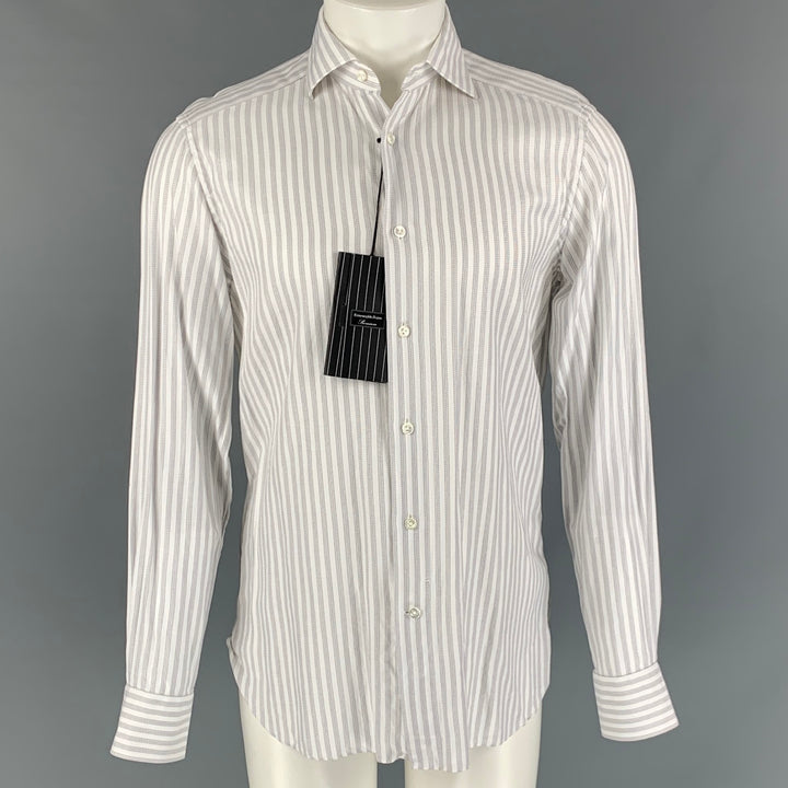 ERMENEGILDO ZEGNA Size M White & Black Stripe Cotton Long Sleeve Shirt