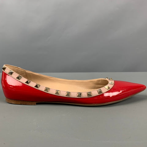VALENTINO Size 10 Red Nude Patent Leather Studded Ballet Flats