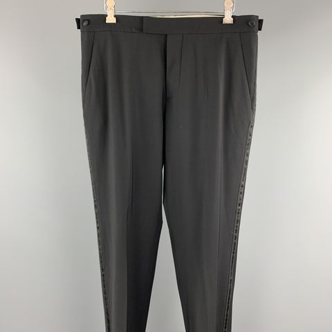 HELMUT LANG Size 32 Black Solid Wool Tuxedo Dress Pants
