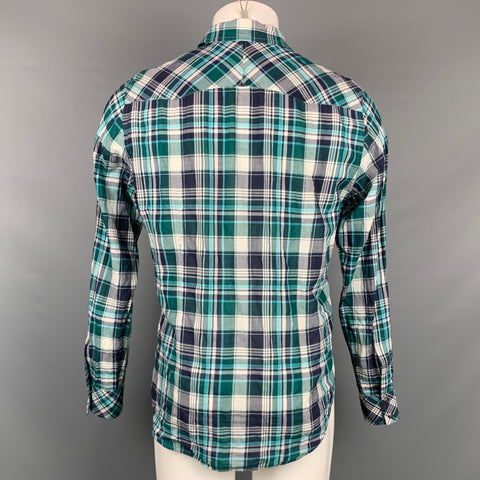 THEORY Size M Green & Navy Plaid Cotton Button Down Long Sleeve Shirt