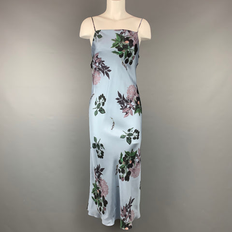 LAKE Taille 4 Robe longue en soie satinée florale bleue et verte