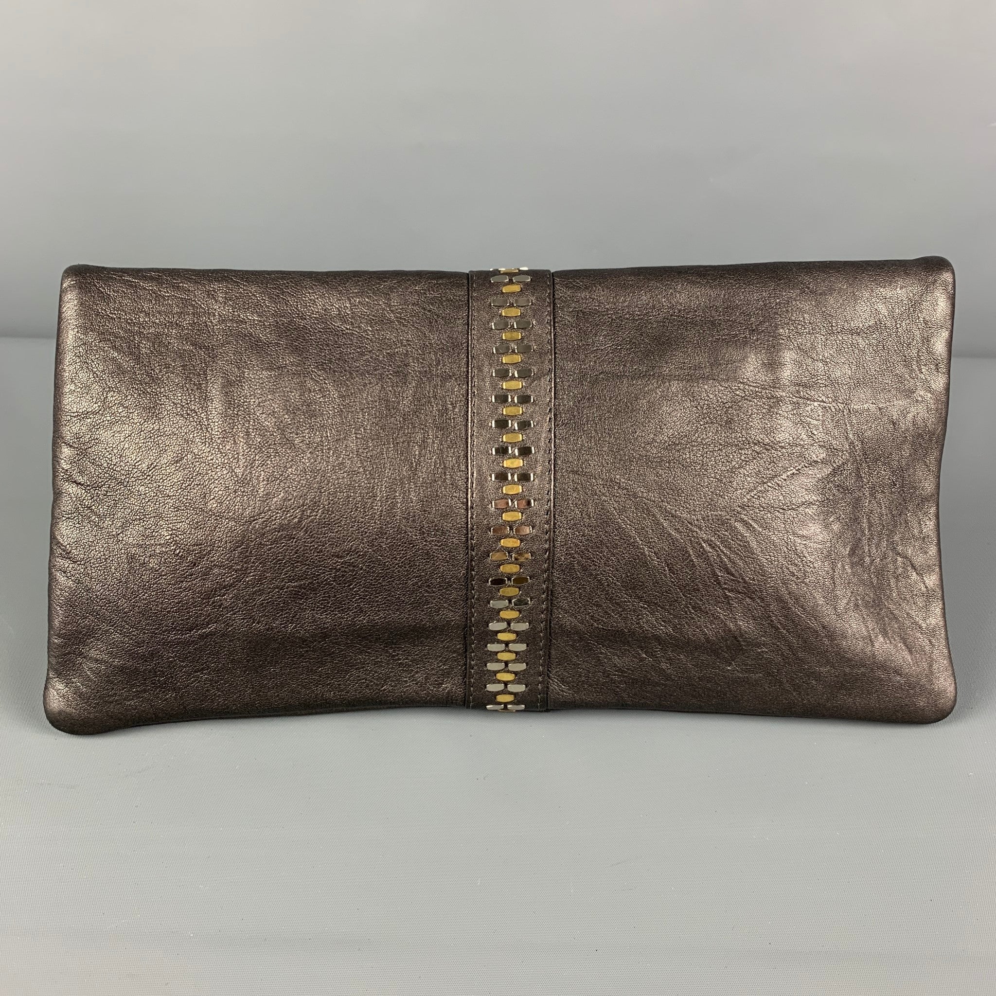 CALLEEN CORDERO Grey Silver Gold Studded Leather Clutch Sui