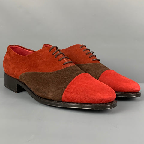 SALVATORE FERRAGAMO Size 9 Red Brown Leather Suede Cap Toe Laces