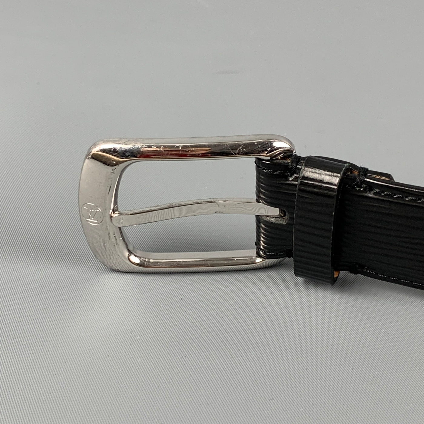 Black EPI Leather Belt Silver Buckle/Size-38/95
