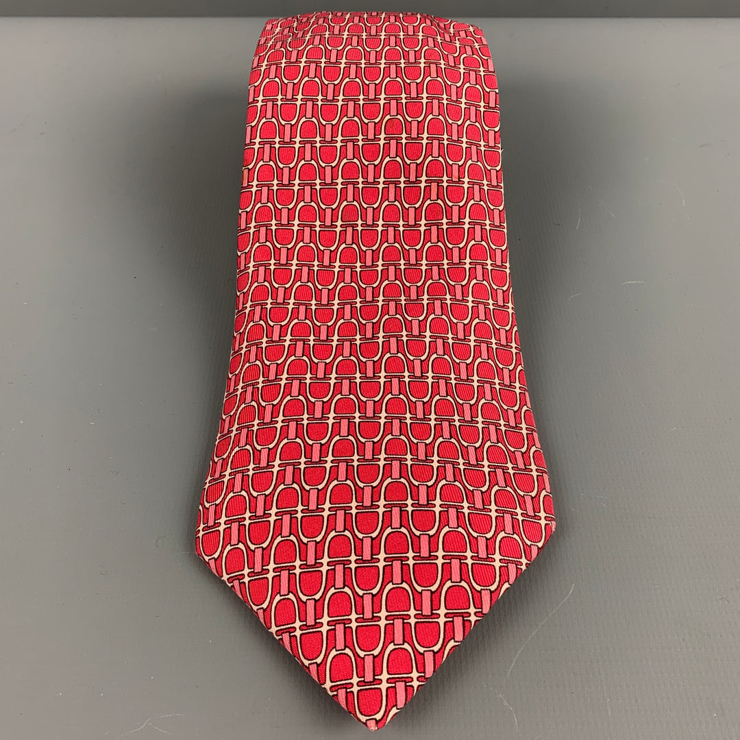 HERMES Pink White Equestrian Silk Tie