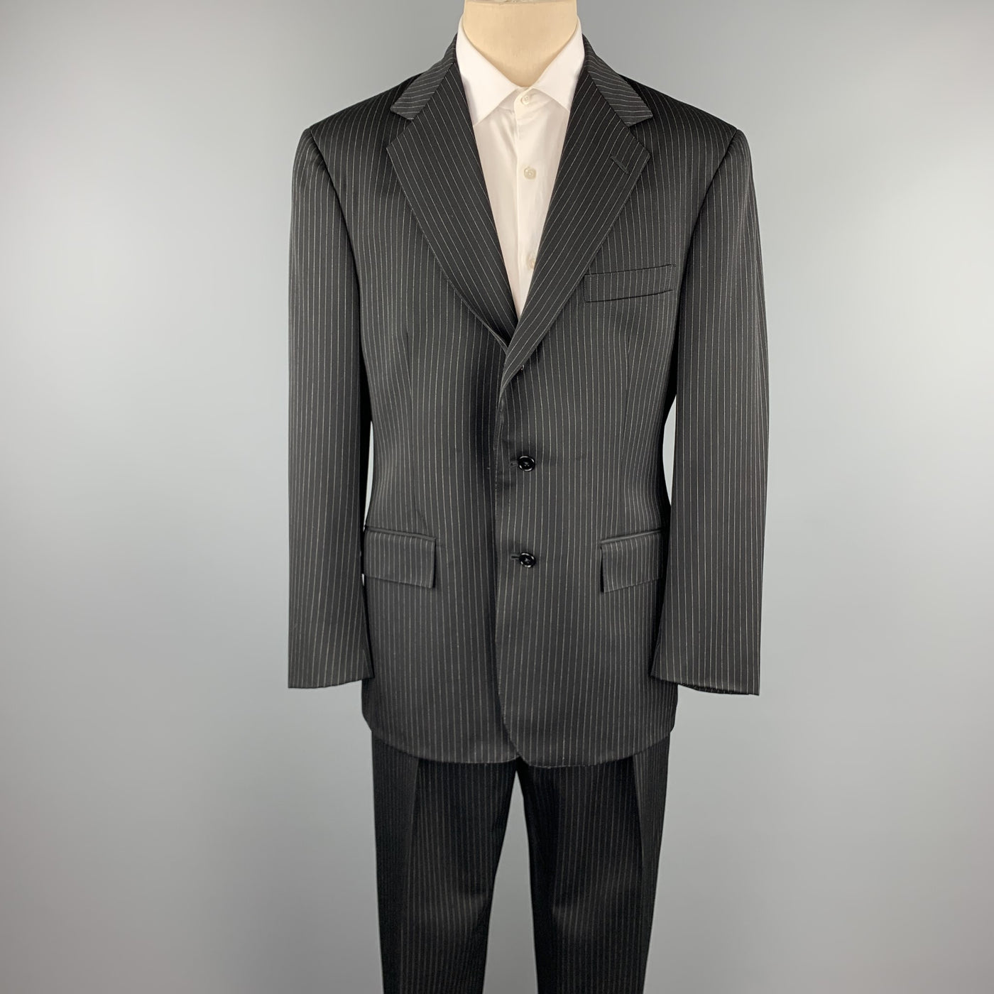RALPH LAUREN Size 40 Regular Black Stripe Wool Notch Lapel Suit