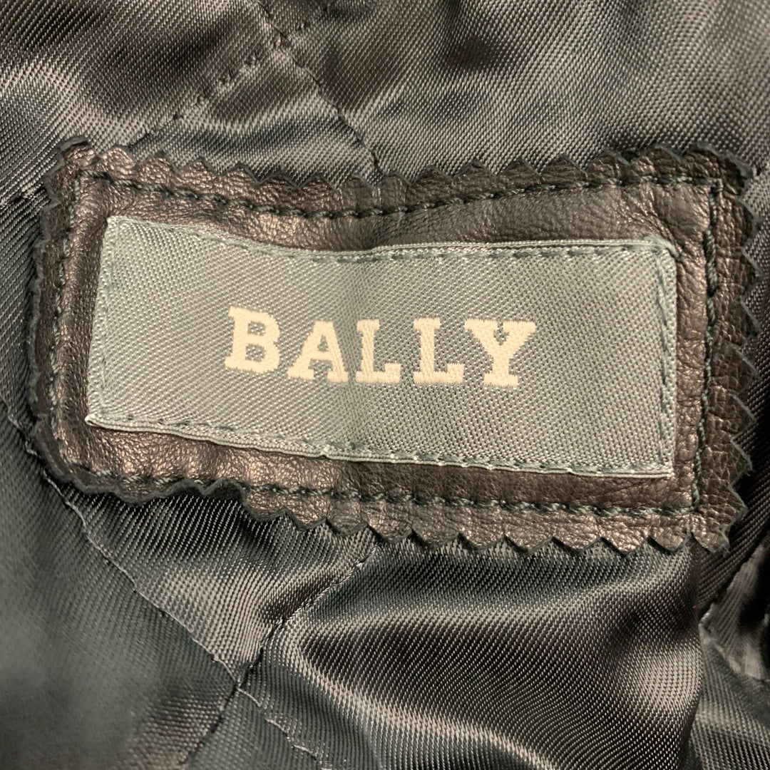 BALLY Size 48 Black Leather Zip Buttons Coat