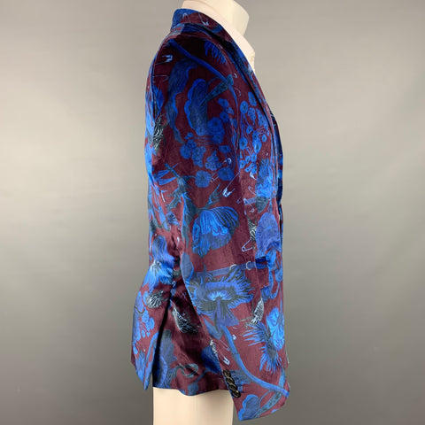 PAUL SMITH Size 40 Burgundy & Blue Print Velvet Notch Lapel Sport Coat