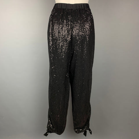 ST. JOHN COUTURE Taille L Pantalon habillé en polyester à paillettes noires avec ceinture élastique