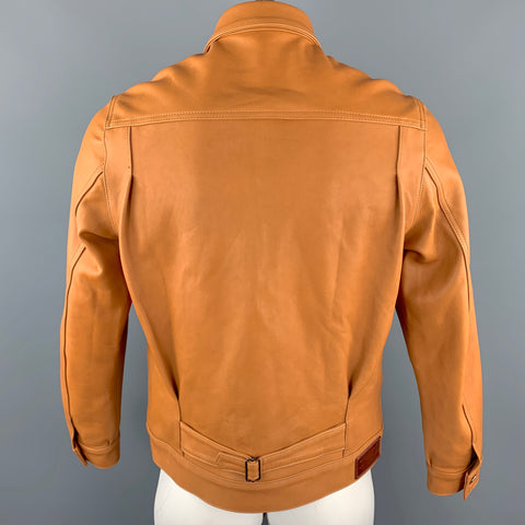 OSCAR H. GRAND Size M Tan Leather Flap Pockets Silver Buttons Back Belt Trucker Jacket