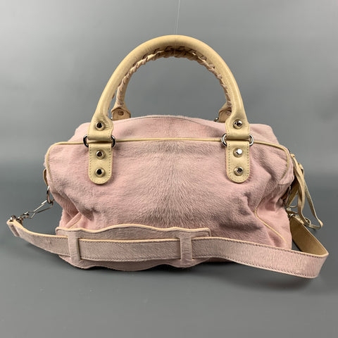 BALENCIAGA Rose & Beige Mixed Fabrics Leather Calf hair Handbag