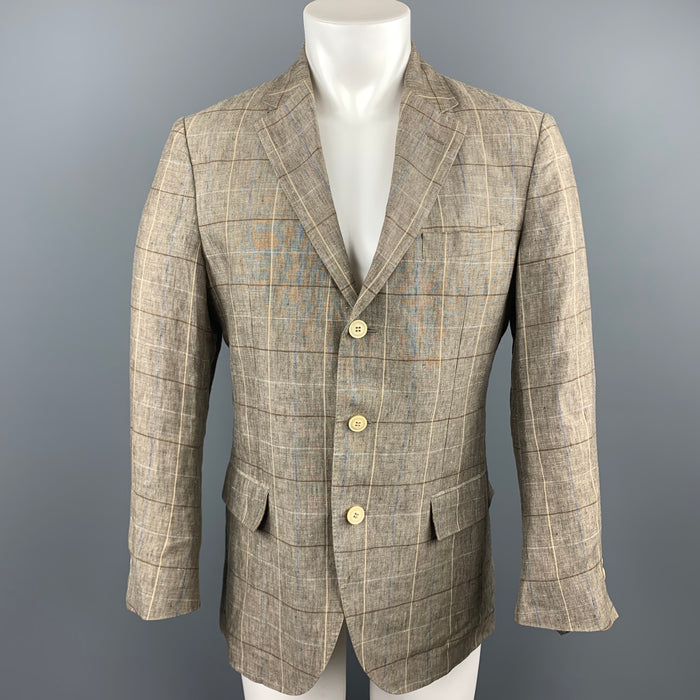 LORO PIANA Size 38 Taupe Window Pane Linen Notch Lapel Sport Coat