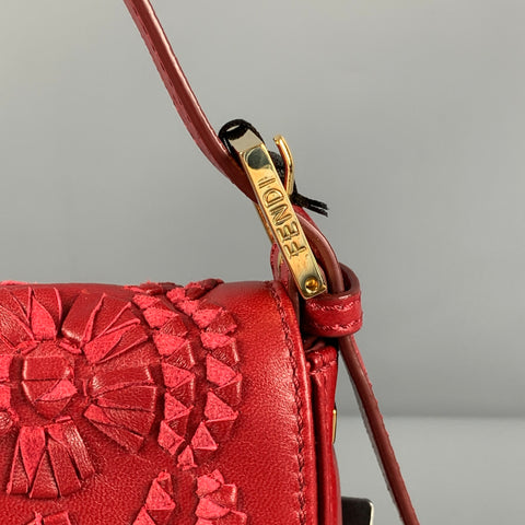 FENDI Red Floral Leather Baguette Shoulder Handbag