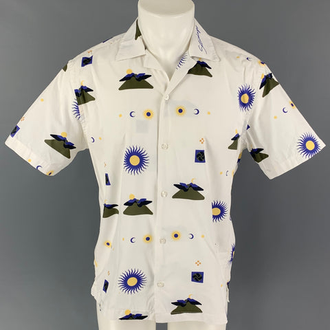 SATURDAYS NYC Size M White Olive Print Nylon Camp Short Sleeve Shirt