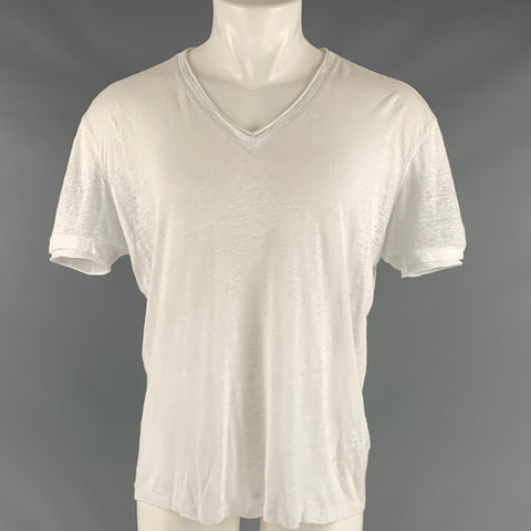 JOHN VARVATOS Taille M T-shirt col V en lin blanc cassé