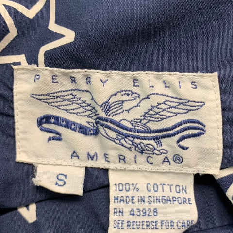 PERRY ELLIS Talla S Camisa Azul Marino Blanco Algodón Estrellas Bolsillos Parche