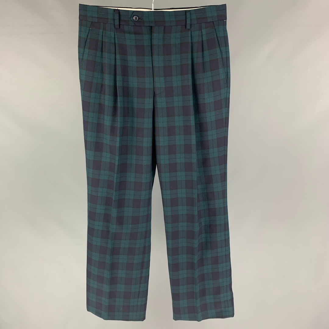 PAUL FREDERICK Size 32 Green Navy Blackwatch Plaid Wool Pleated Dress Sui Generis Designer Consignment PAUL FREDERICK Size 32 Green Navy Blackwatch Plaid Wool Pleated Dress Sui Generis Designer Consignment