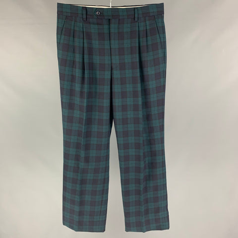 PAUL FREDERICK Size 32 Green Navy Blackwatch Plaid Wool Pleated Dress Pants