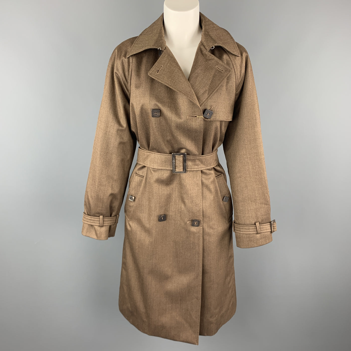 LORO PIANA Size 8 Brown Wool Blend Suede Trim Double Breasted Trenchcoat