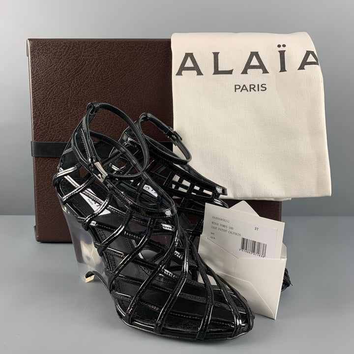 ALAIA Size 7 Black Caged Patent Leather Wedge Sandals