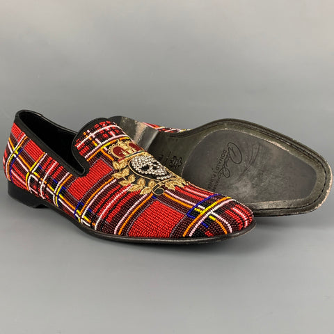 DONALD J PLINER Talla 10 Mocasines sin cordones de cuero con escudo real y calavera con cuentas multicolores