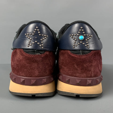VALENTINO Talla 10 Zapatillas Rockrunner de cuero con estrellas burdeos azul marino