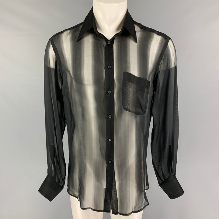 GUCCI by Tom Ford Size L Black Sheer Stripe Silk Button Up Long Sleeve Shirt