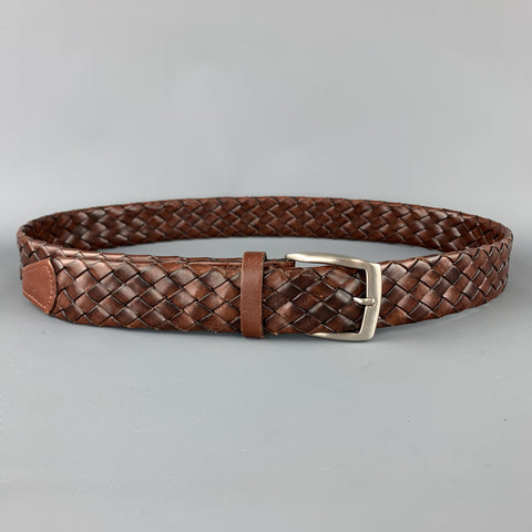 PAUL STUART Size 38 Woven Brown Leather Silver Tone Brass Buckle Belt