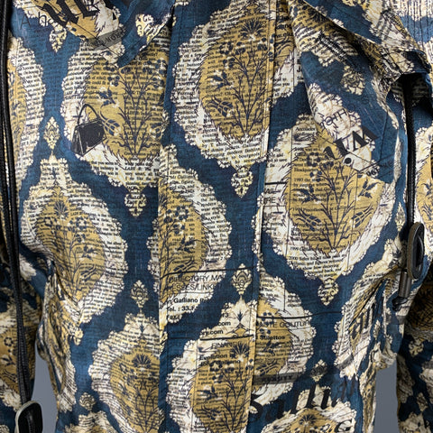 JOHN GALLIANO Size 36 Gold & Teal Newspaper Print Silk Bomber Jacket