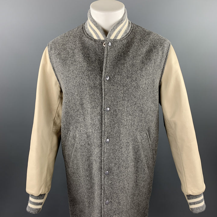 GOLDEN BEAR Size L Grey & Beige Mixed Materials Wool Snaps Coat