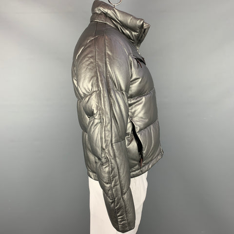 RLX by RALPH LAUREN Chaqueta con cuello alto de cuero metalizado plateado talla L