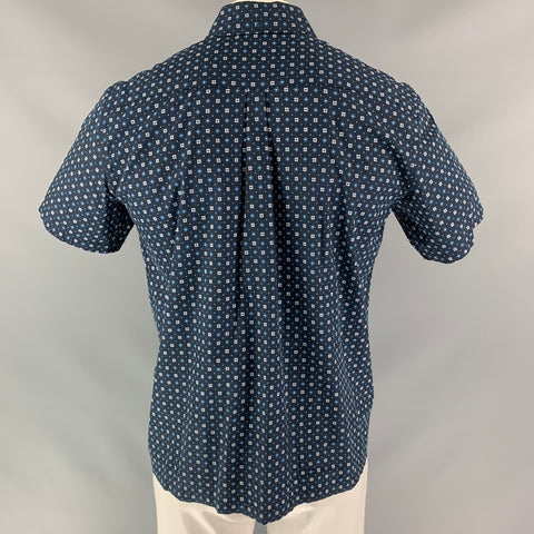 A.P.C. Size XL Navy Blue Geometric Button Down Cotton & Silk Short Sleeve Shirt