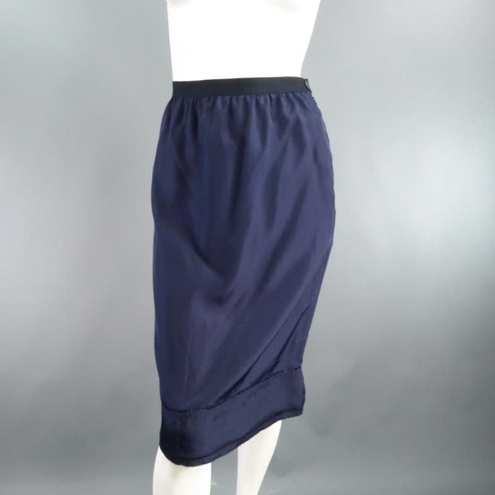 LANVIN SS/S 2008 Size US 6 Navy Silk Ribbon Waist Raw Hemmed Skirt