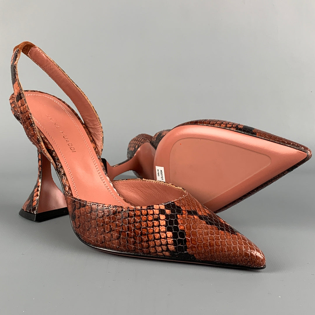 AMINA MUADDI Size 7.5 Brown Snake Skin Leather Embossed Pumps