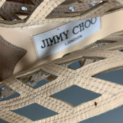 JIMMY CHOO Talla 10 Sandalias tobilleras con pedrería de ante dorado beige