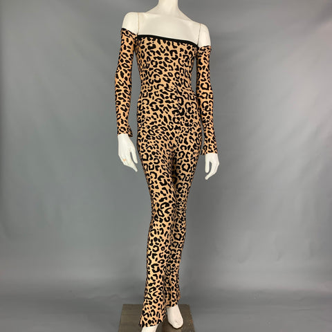 HALPERN Size XS Tan & Black Leopard Print Polyamide Bare Shoulder Jumpsuit
