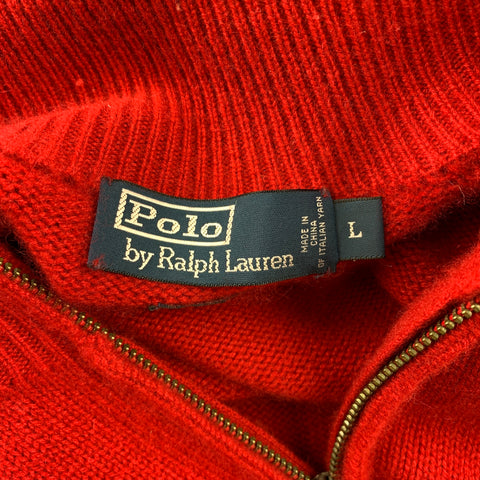 RALPH LAUREN Taille L Pull en cachemire tricoté rouge à demi-zip