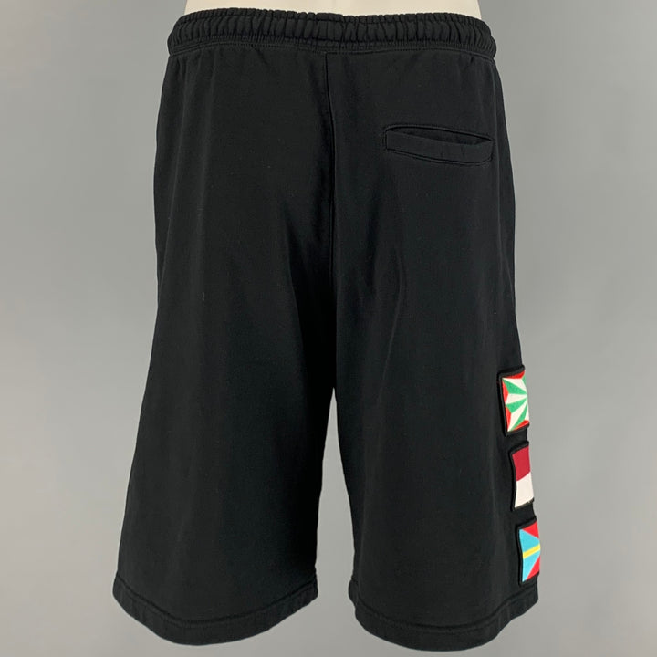 MARCELO BURLON Size S Black Multi-Color Applique Cotton Drawstring Shorts
