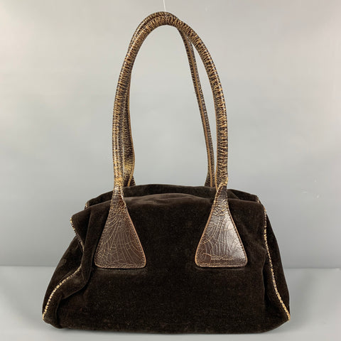 MIU MIU Brown Distressed Velvet Satchel Leather Handbag