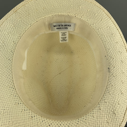SAKS FIFTH AVENUE Cream Woven Straw Navy Stripe Fedora