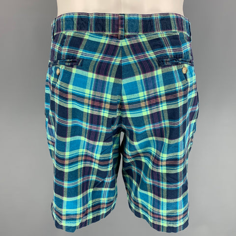 POLO par RALPH LAUREN Taille 32 Short à braguette zippée en coton à carreaux vert et bleu marine