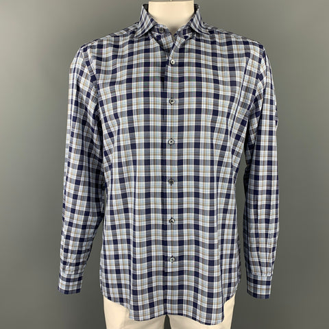 ERMENEGILDO ZEGNA Size XL Navy & White Plaid Cotton Long Sleeve Shirt
