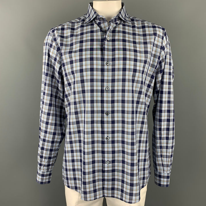 ERMENEGILDO ZEGNA Talla XL Camisa de manga larga de algodón a cuadros azul marino y blanco