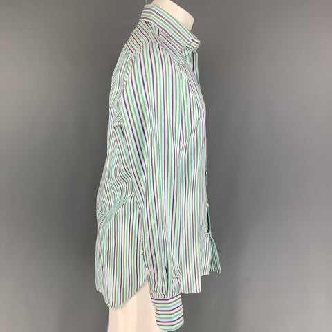 ETRO Size M White Green Purple Stripe Cotton Linen Long Sleeve Shirt