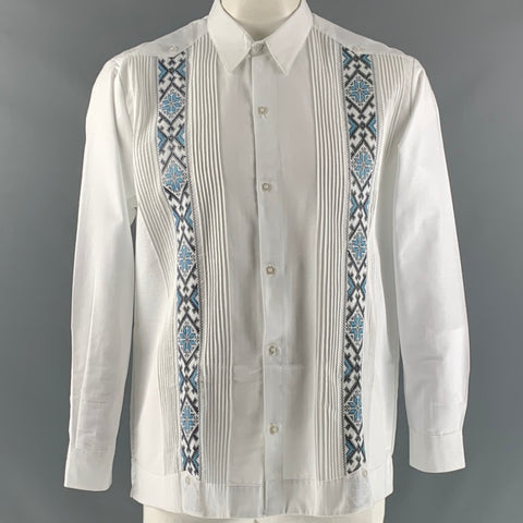 GUAYABERAS Size L White Light Blue Embroidery Linen Long Sleeve Shirt