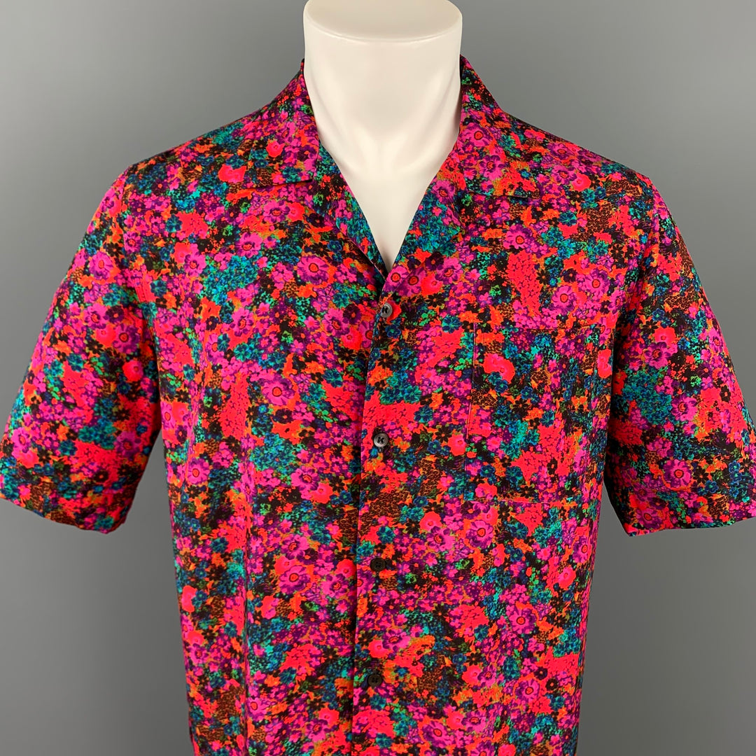 DRIES VAN NOTEN S/S 20 Size M Fuchsia & Green Floral Viscose Camp Short Sleeve Shirt