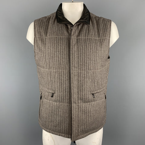 ERMENEGILDO ZEGNA L Taupe Pinstripe Leather Trimmed Reversible Vest