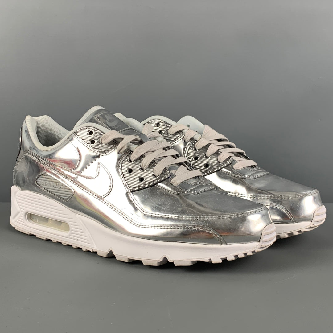 NIKE Air Max 90 Size 12 Silver Metallic Leather Lace Up Sneakers