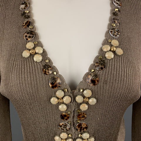 BLUMARINE Size 8 Taupe Sparkle Knit EMbellished V Neck Cardigan