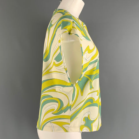 EMILIO PUCCI Size S Cream Green Cotton Abstract Sleeveless Casual Top